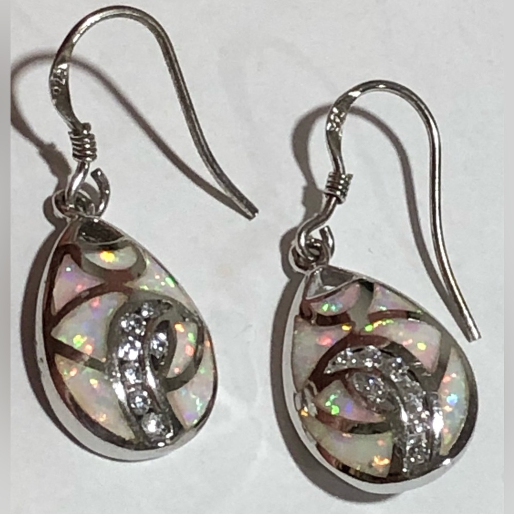 Sterling Teardrop Opal Dangle Earrings with Sparkling Accents - Pink Opal Tone